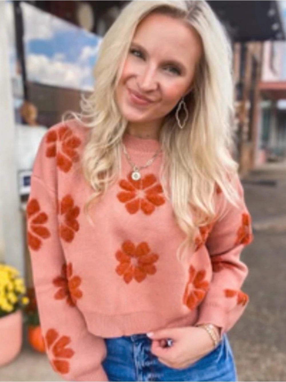 Simply Southern rust Floral cropped Crewneck Sweater